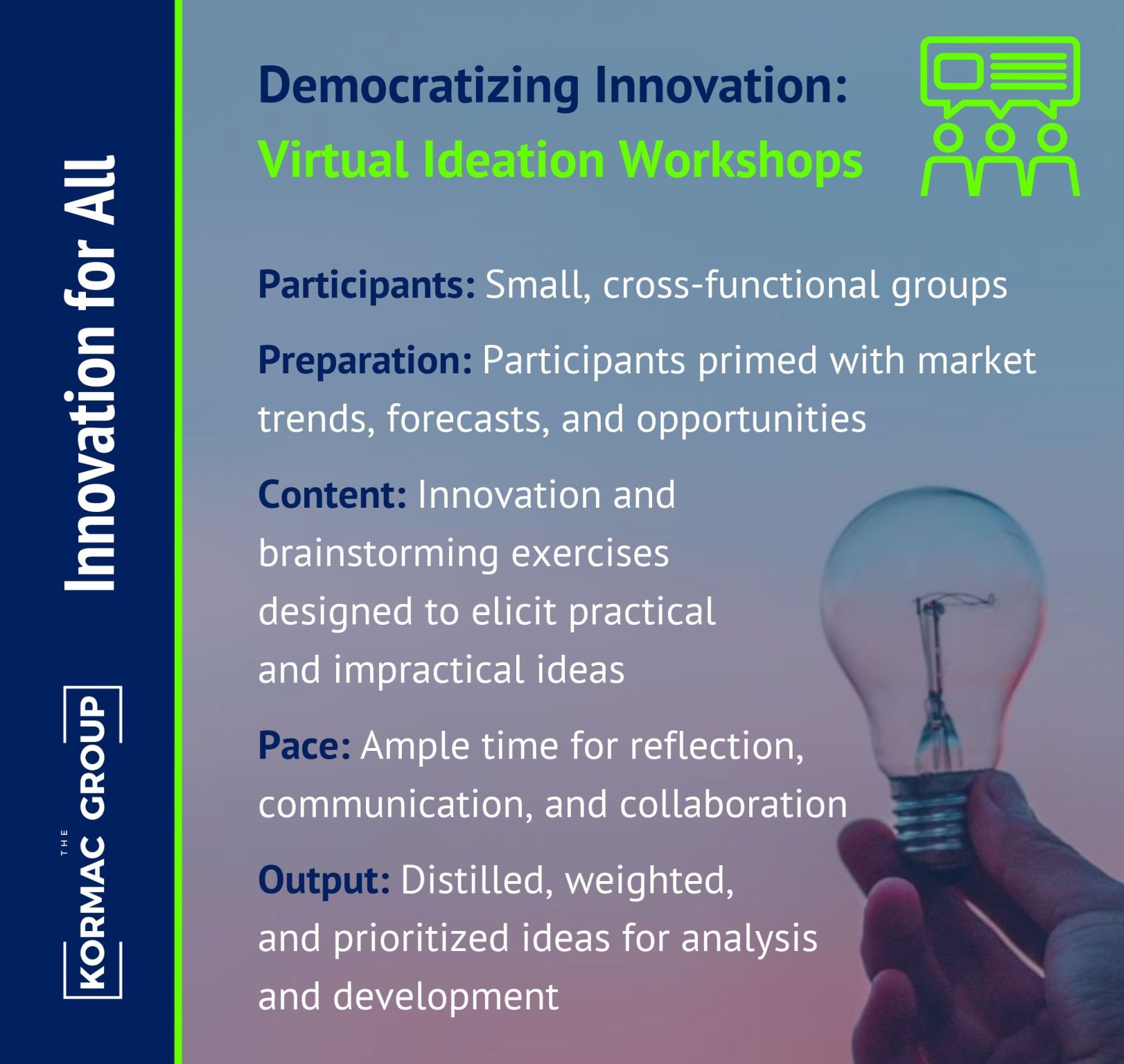 Innovation for All Democratizing Innovation: Virtual Ideation Workshops Participants: Small, cross-functional groups Preparation: Participants primed with market trends, forecasts, and opportunities Content: Innovation and brainstorming exercises designed to elicit practical and impractical ideas Pace: Ample time for reflection, communication, and collaboration Output: Disilled, weighted, and priorities ideas for analysis and development