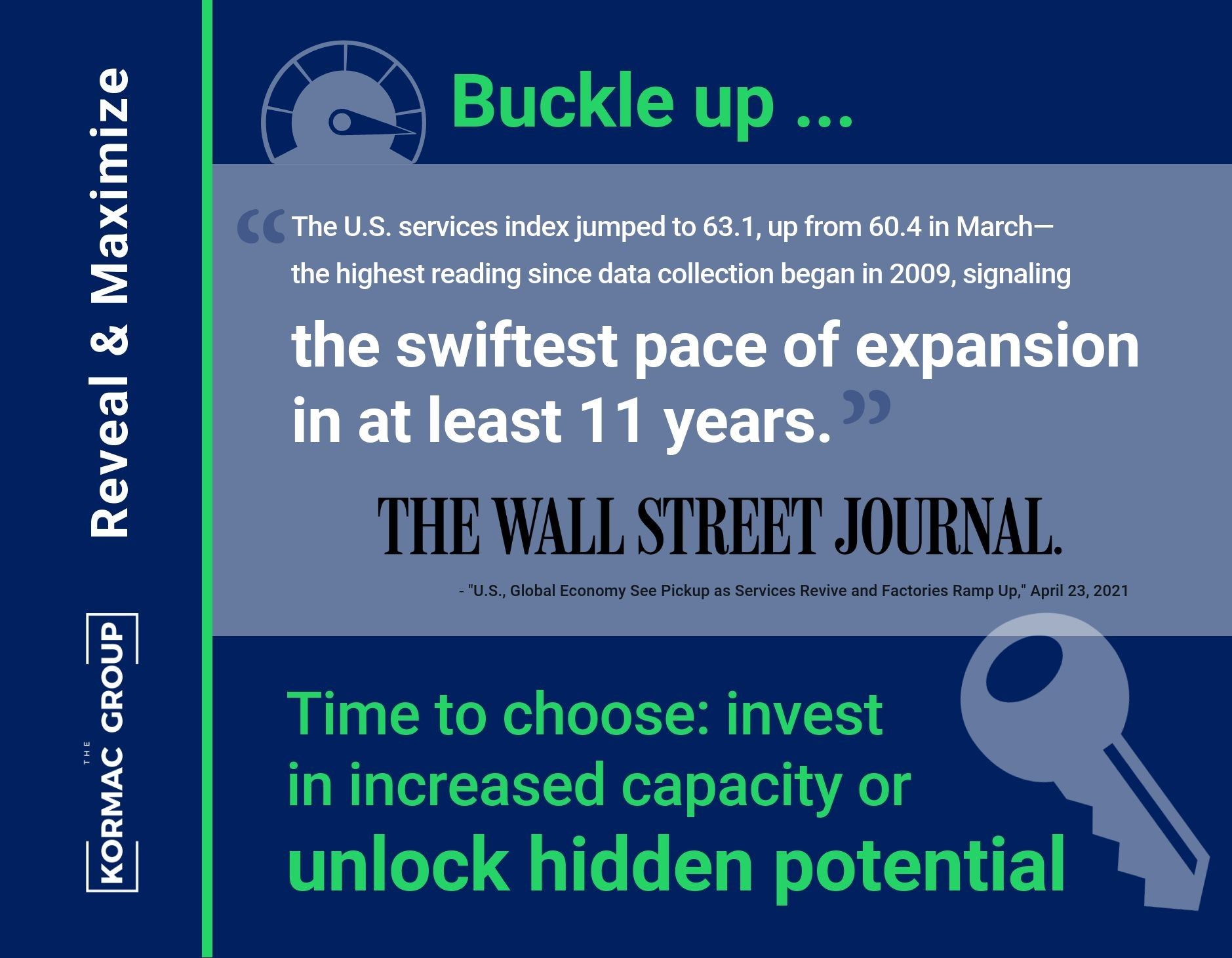 Reveal & Maximize Buckle up... "The U.S. services index jumped to 63.1, up from 60.4 in March - the highest reading since data collection began in 2009, signaling the swiftest pace of expansion in at least 11 years." - The Wall Street Journal - U.S. Global Economy See Pickup as Services Revive and Factories Ramp Up, April 23, 2021. Time to choose: invest in increased capacity or unlock hidden potential