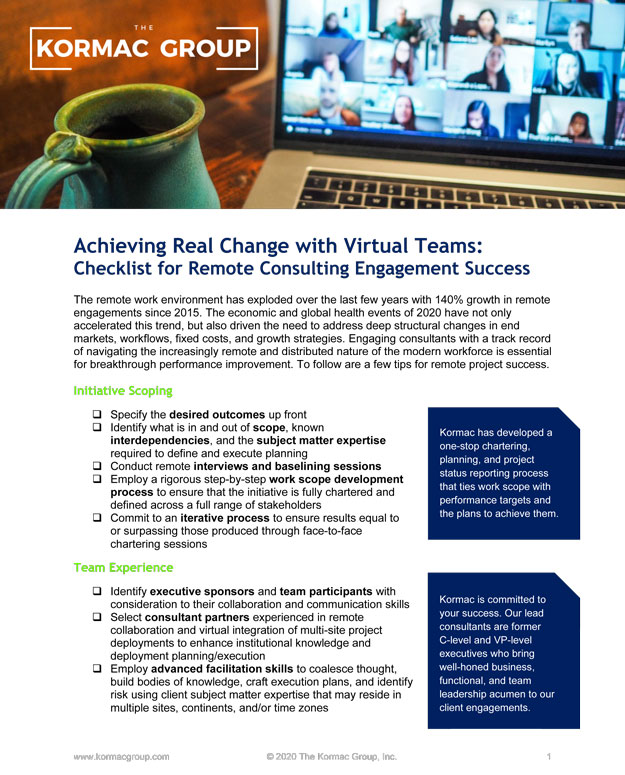 Screenshot of large PDF with the title "Achieving Real Change with Virtual Teams: Checklist for Remote Consulting Engagement Success" - to view contents, download the PDF (https://kormacdev.carpenoctemwebsites.com/wp-content/uploads/2021/07/achieving-real-change.pdf)