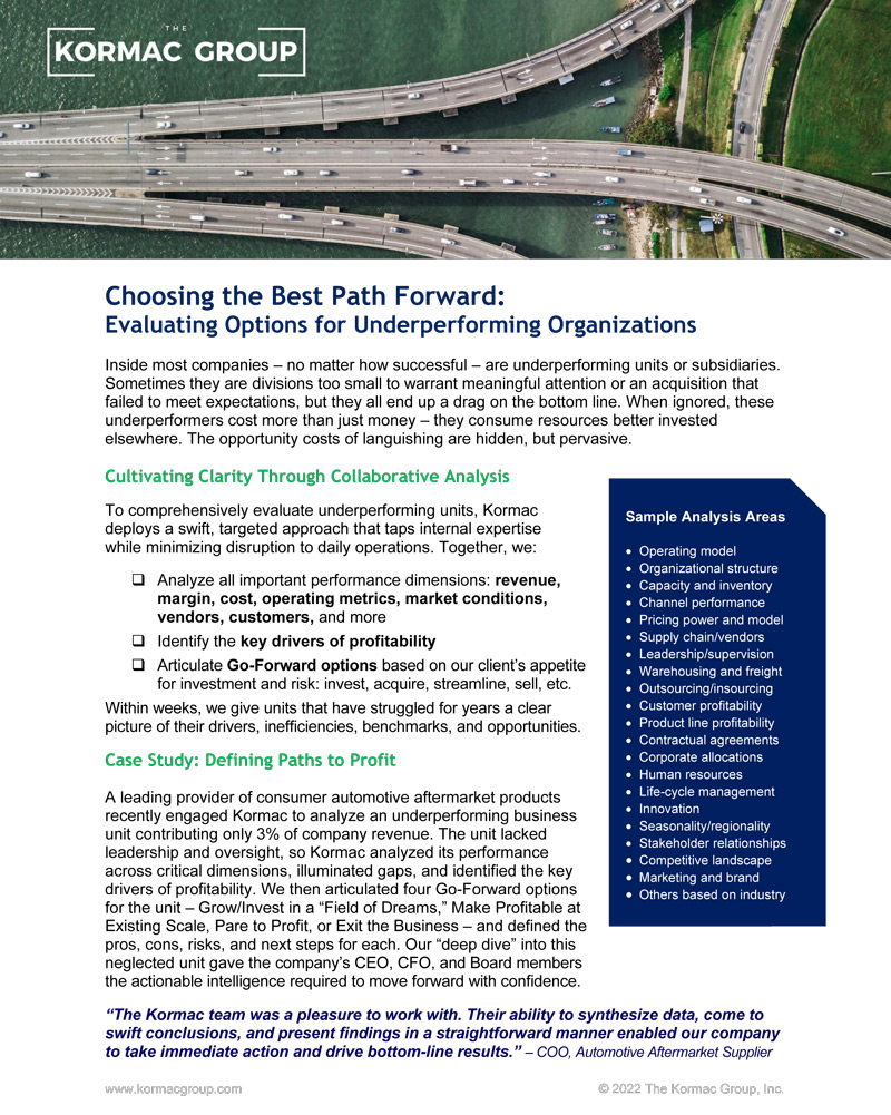 Screencapture of a PDF with the title "Choosing the Best Path Forward: Evaluating Options for Underperforming Organizations. To view contents, download the PDF (https://kormacdev.carpenoctemwebsites.com/wp-content/uploads/2022/09/Kormac-Option-Analysis-COO.pdf)